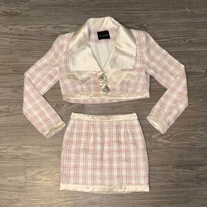Nana Jacqueline Alexa Bow Blazer & Mini Skirt Pink/White Tweed Women’s Sz Small